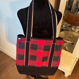 Lands End Red/Black Plaid Zip Top Canvas Heavy Boat Bag Tote 16"x14.5" EUC
